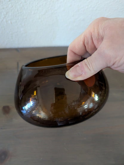 Vtg. Amber Glass Lidded "Pumpkin" Shape Hand-Blown Dish