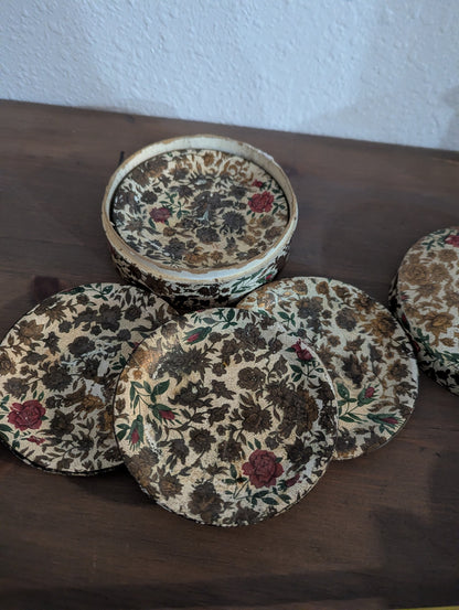 Vtg. Japanese Floral Paper-Mache Coaster Set (8)