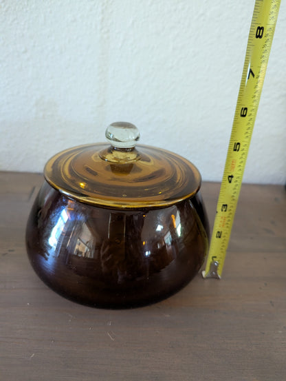 Vtg. Amber Glass Lidded "Pumpkin" Shape Hand-Blown Dish