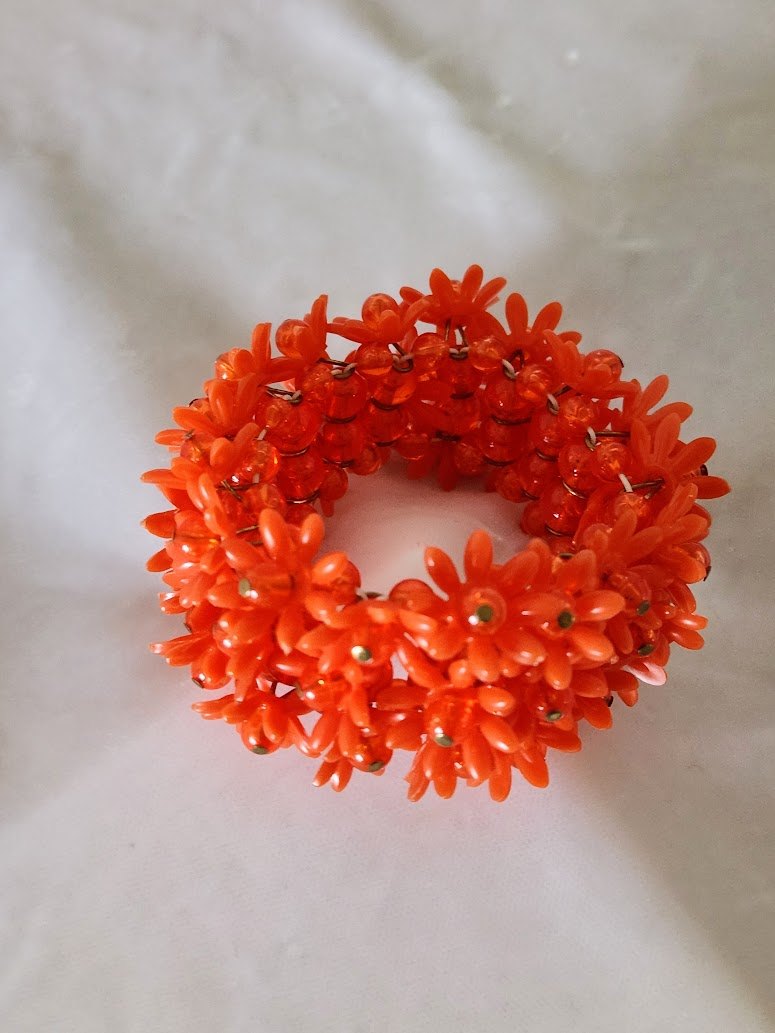1960s Wide Orange Vinyl Flower Stretch Bracelet