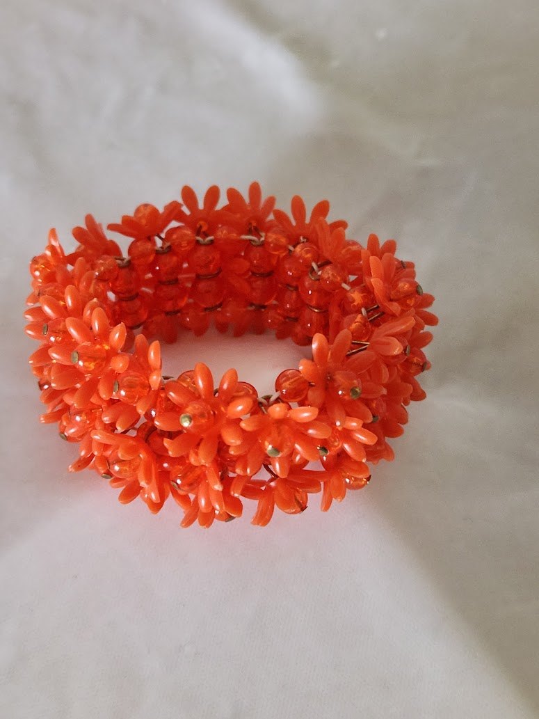 1960s Wide Orange Vinyl Flower Stretch Bracelet