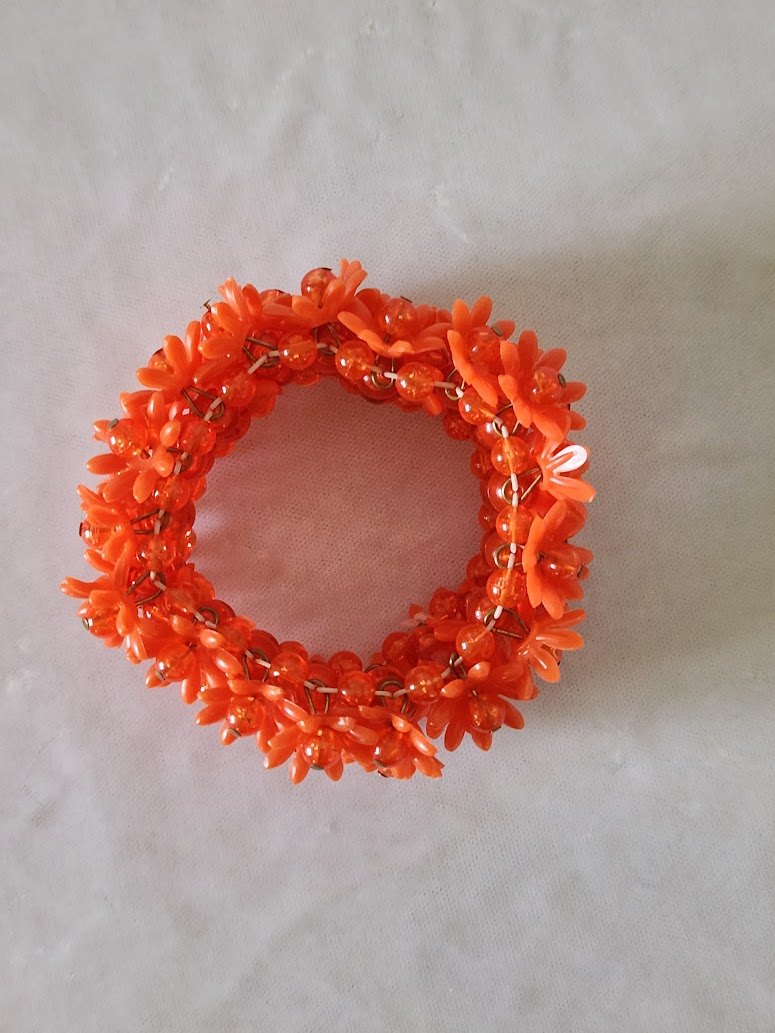 1960s Wide Orange Vinyl Flower Stretch Bracelet