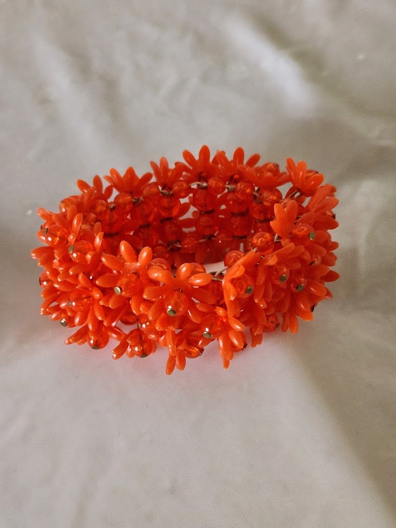 1960s Wide Orange Vinyl Flower Stretch Bracelet