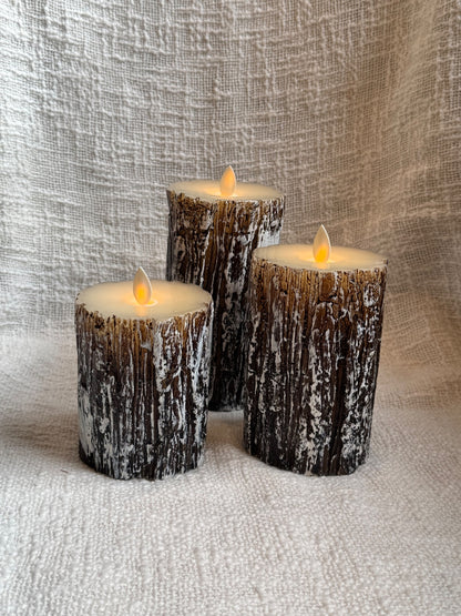Trio of bark wax battery operated candles 