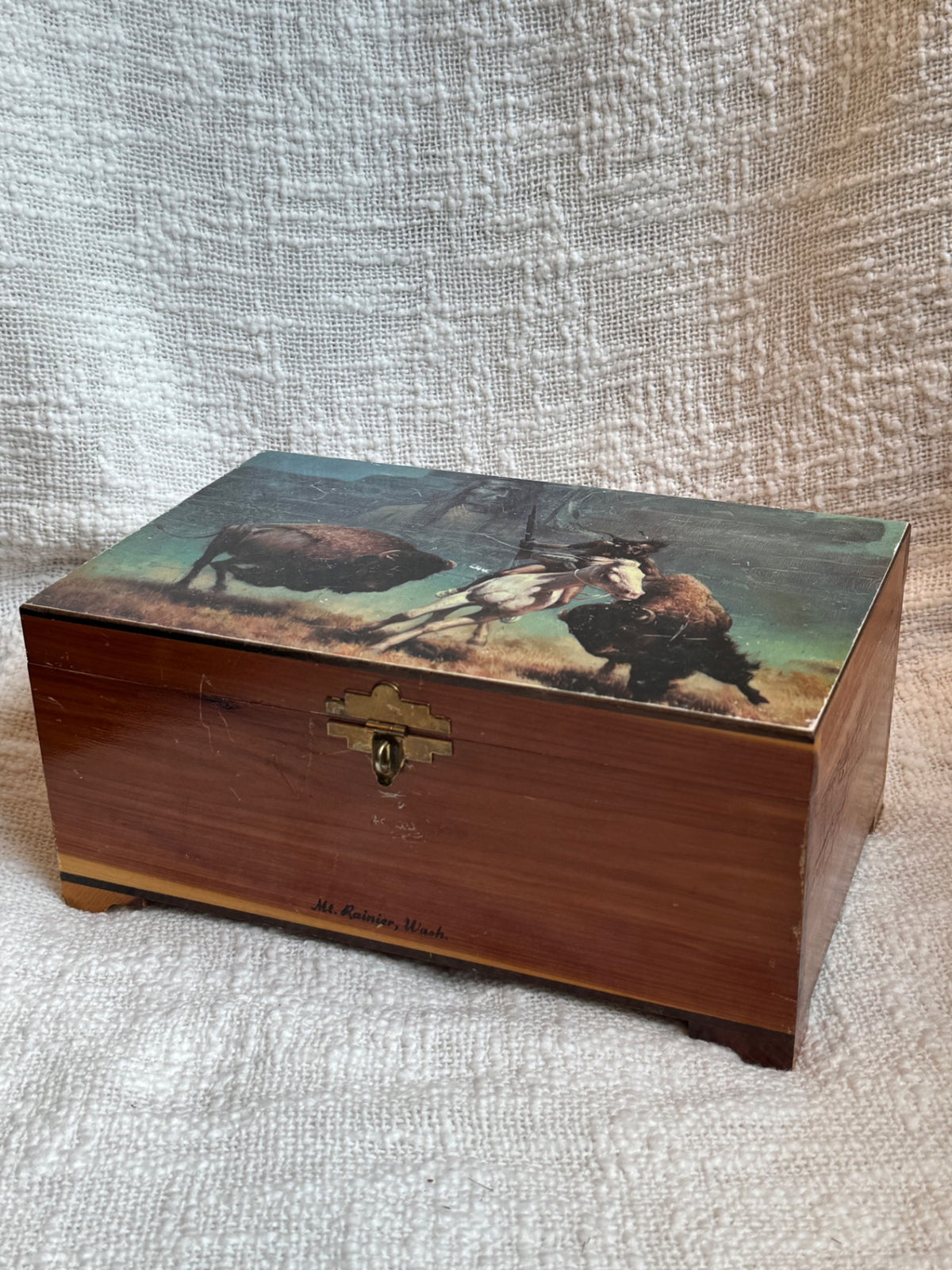 Mt. Rainier cedar wood box w/ buffalo hunt 