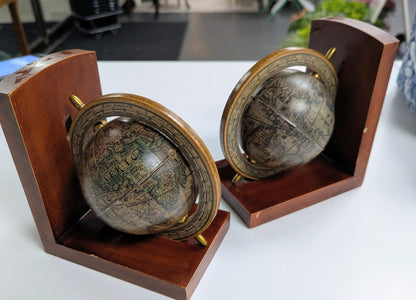 Mid Century Spinning Globe Wooden Book Ends from Italy