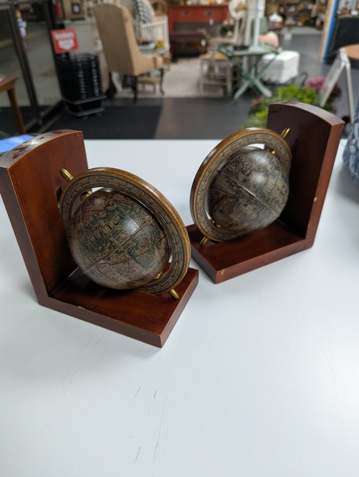 Mid Century Spinning Globe Wooden Book Ends from Italy