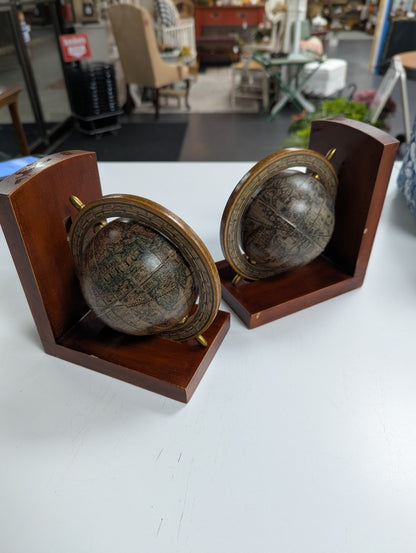 Mid Century Spinning Globe Wooden Book Ends from Italy