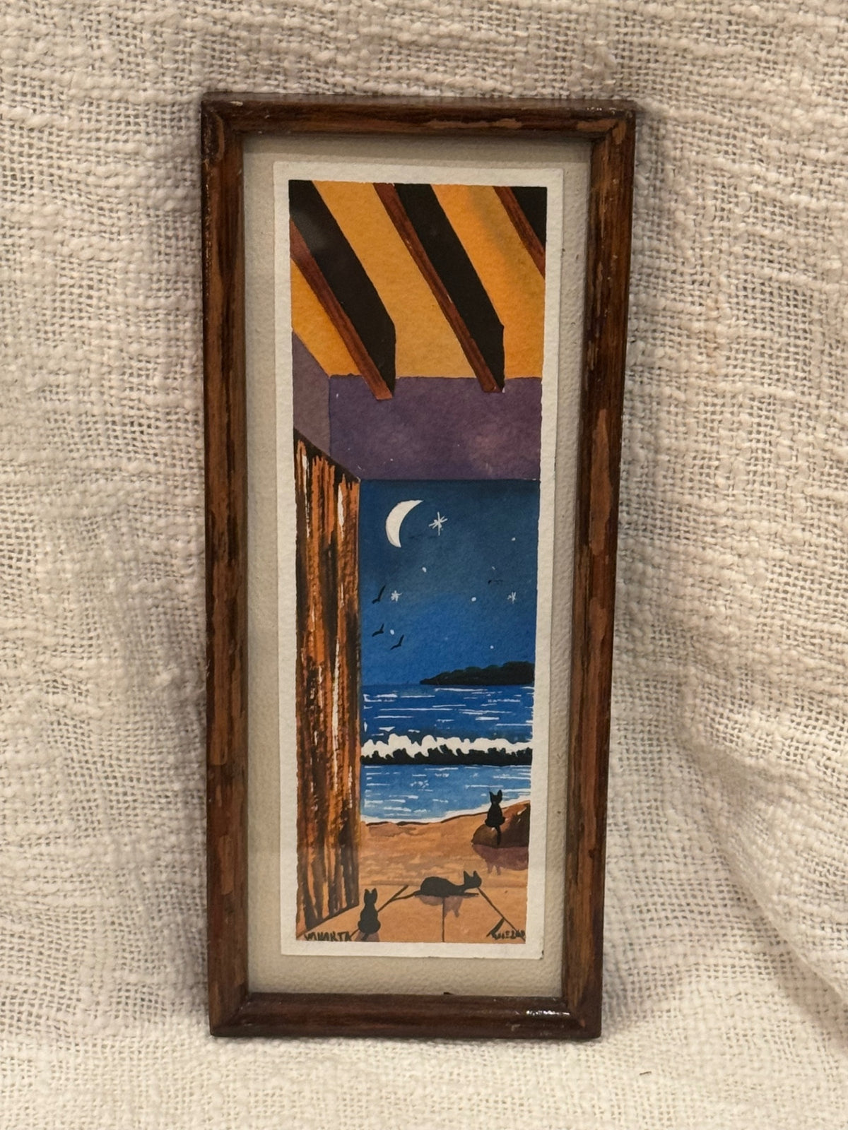 Original Mexican signed watercolor night sky w/ 3 black cats 