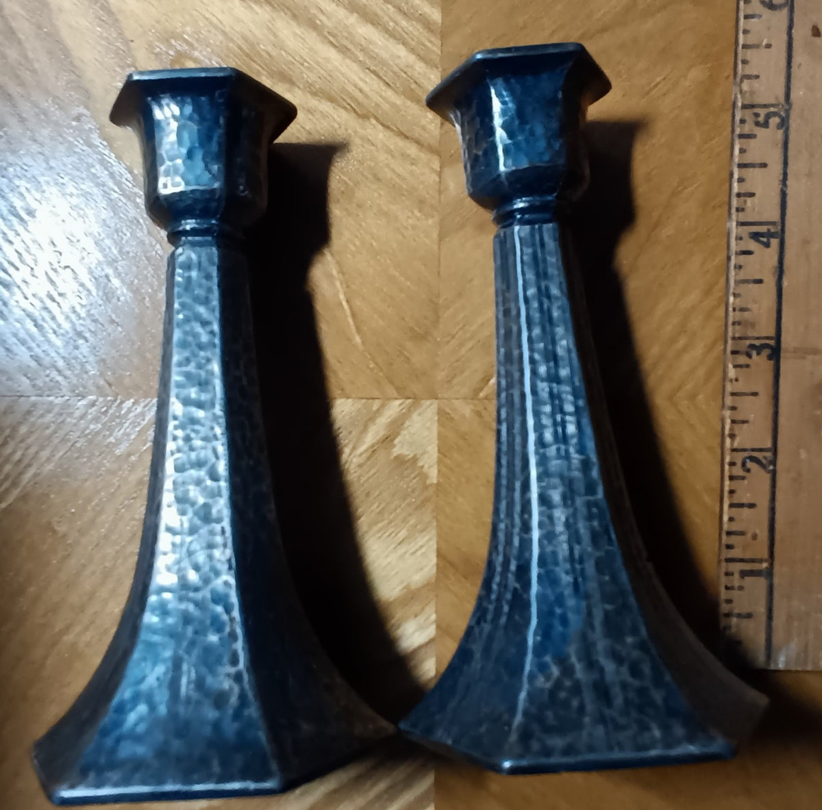 Textured Patinaed Metal Candlestick Pair