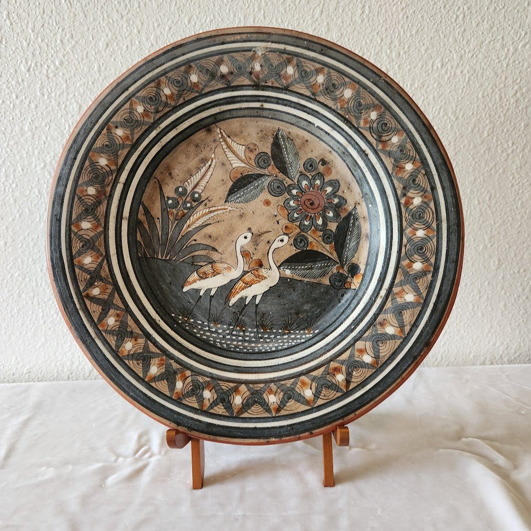 Vintage Tonala Bird Theme Handpainted Burnished Charger Plate