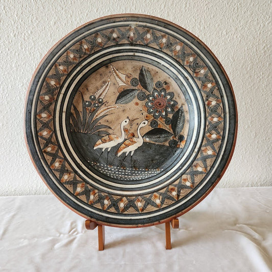 Vintage Tonala Bird Theme Handpainted Burnished Charger Plate