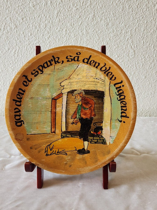 Norway Folk Song Vintage Handpainted Wooden Plate with Man and Pig