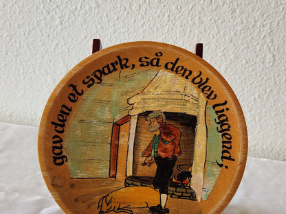 Norway Folk Song Vintage Handpainted Wooden Plate with Man and Pig