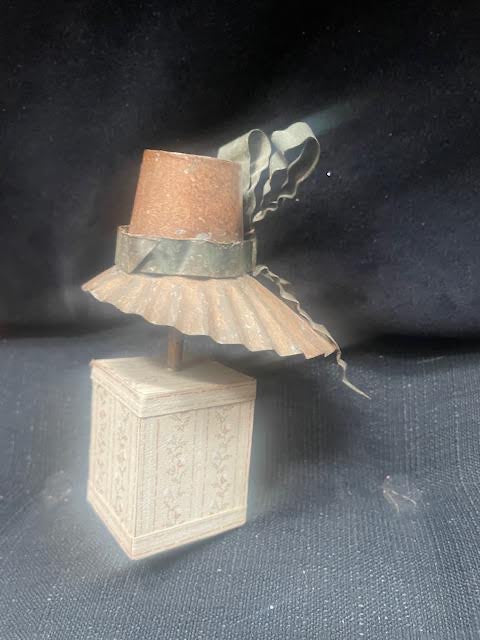Tin Miniature Lady's Hat on Block Decor