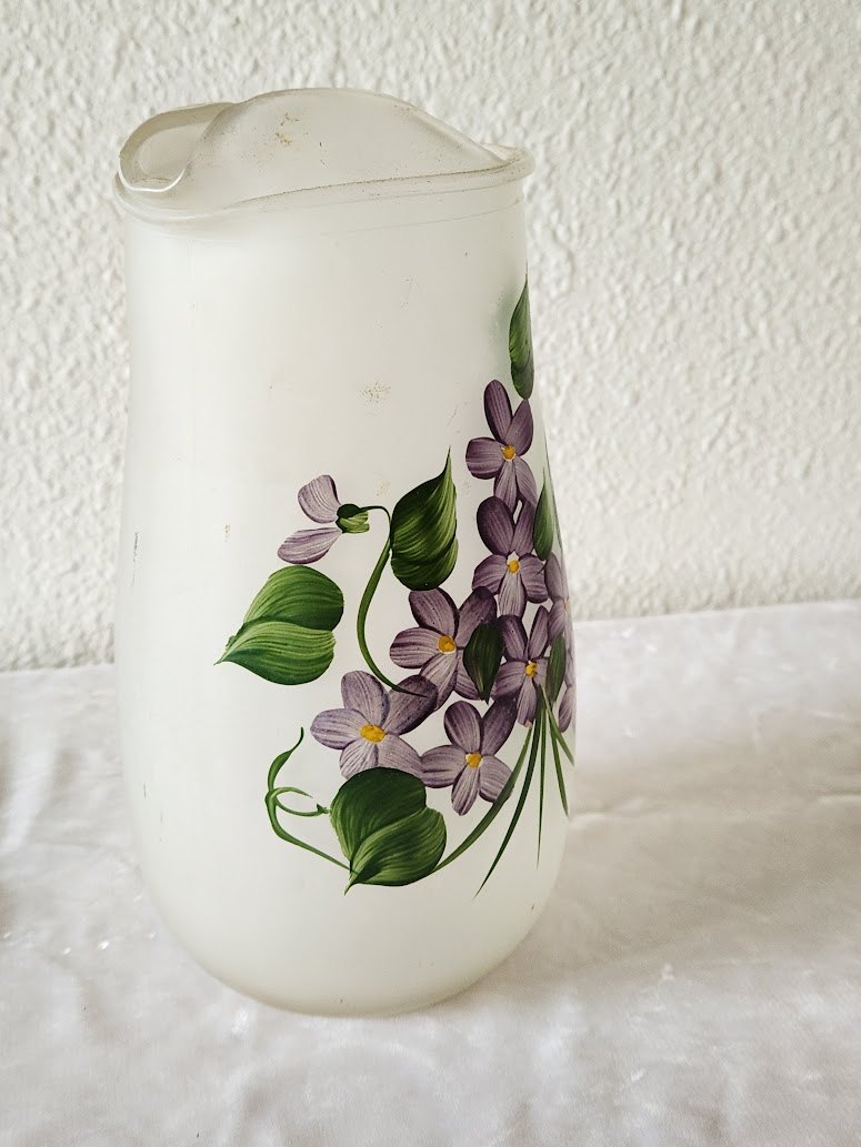 1950s Satin Glass Pitcher with Violets