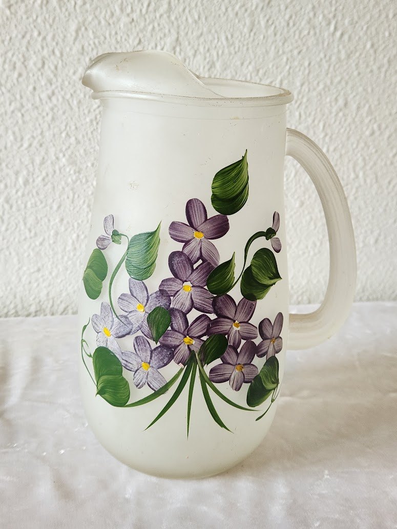 1950s Satin Glass Pitcher with Violets
