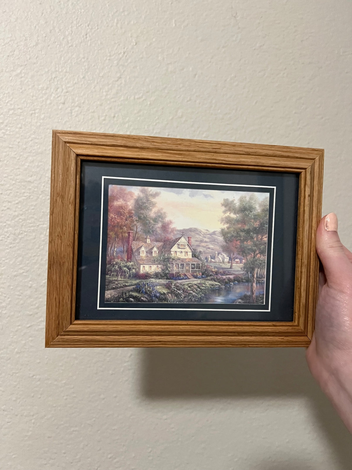 Vintage Framed Carl Valente Art Print “River Front Cottage Floral Garden”