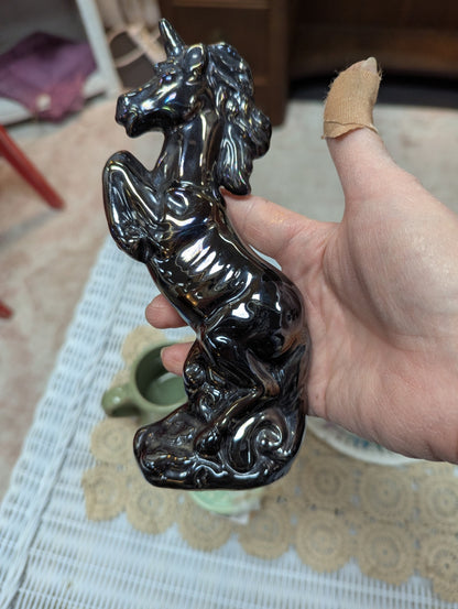 Vtg. Black iridescent Rearing Unicorn Figurine