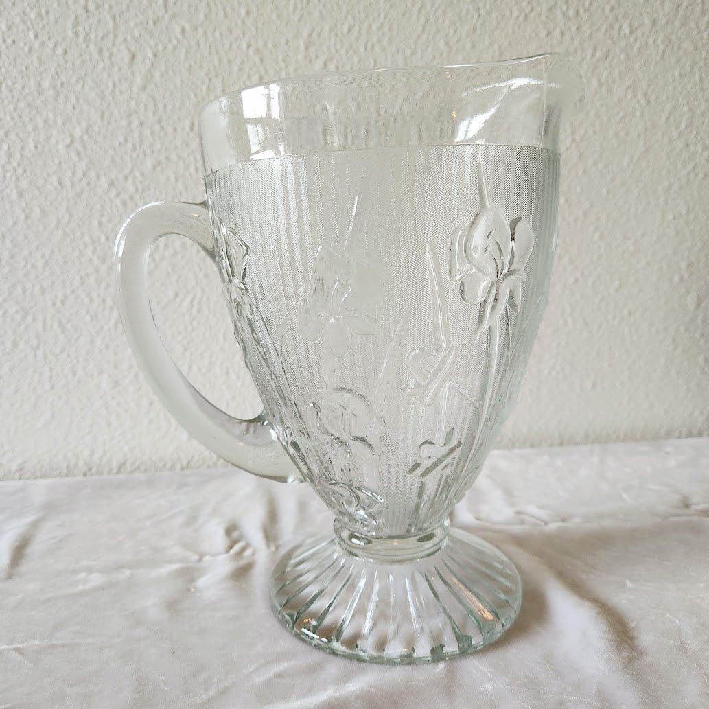 Iris & Herringbone Large Depression Glass Footed Pitcher