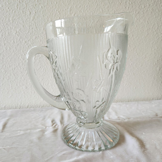 Iris & Herringbone Large Depression Glass Footed Pitcher