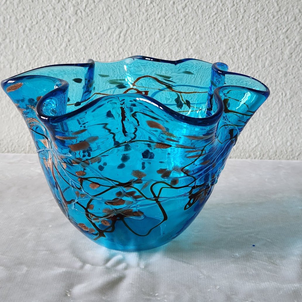 Aqua Blue Blown Glass Handkerchief Bowl