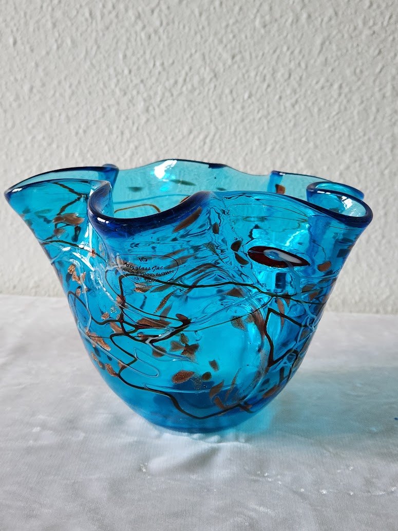 Aqua Blue Blown Glass Handkerchief Bowl