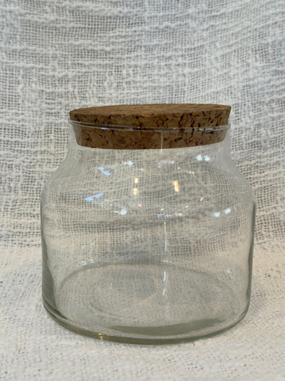 1970's clear glass apothecary jar w/ cork lid 