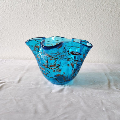 Aqua Blue Blown Glass Handkerchief Bowl