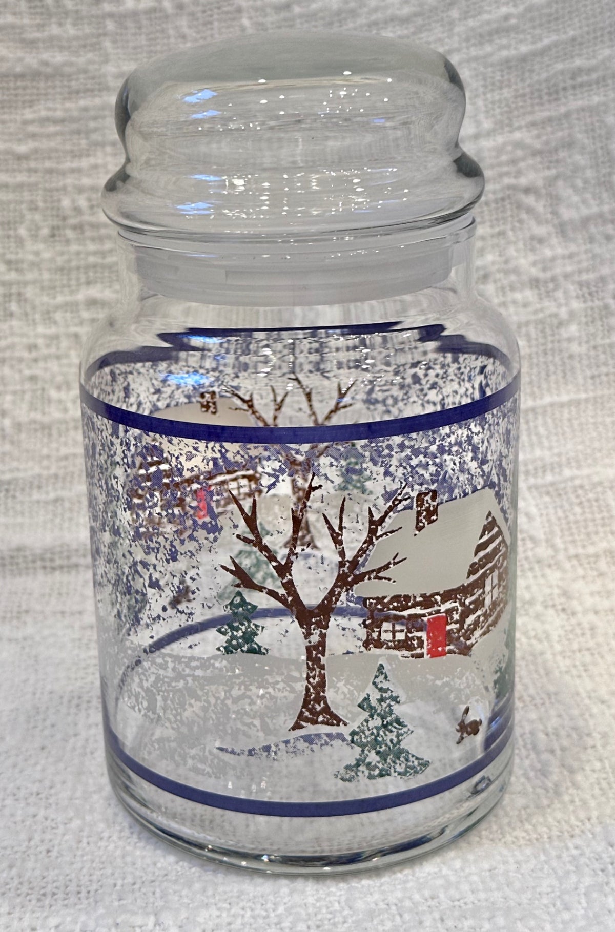 Vintage KIG winter snow with log cabin * bunny jar