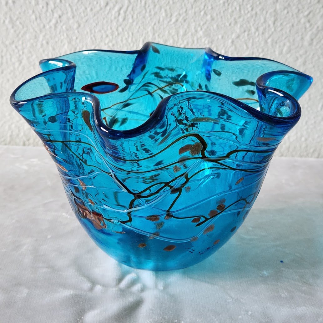 Aqua Blue Blown Glass Handkerchief Bowl