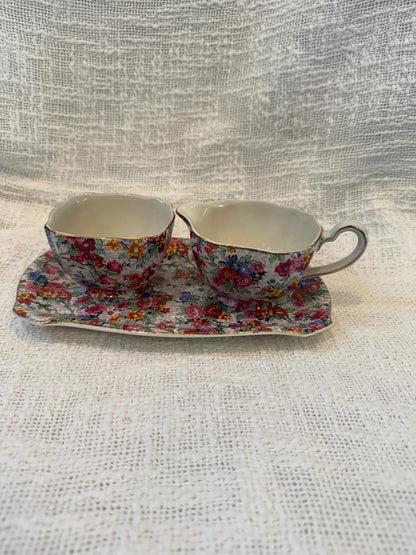 Lord Nelson Ware "marina" chintz creamer, sugar+ tray set 1930-1942 