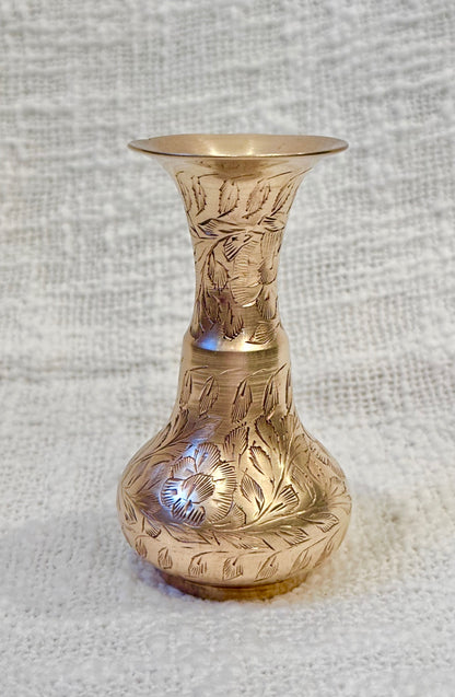 Vintage small handcrafted etched brass bud vase 