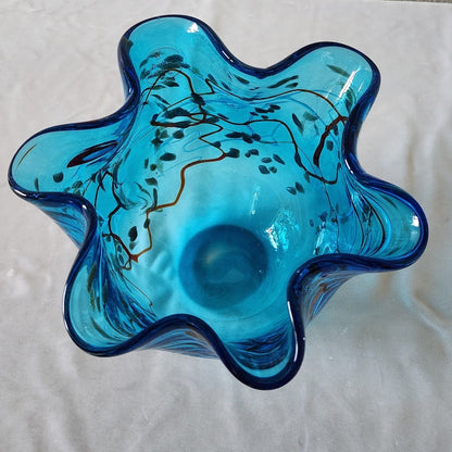 Aqua Blue Blown Glass Handkerchief Bowl