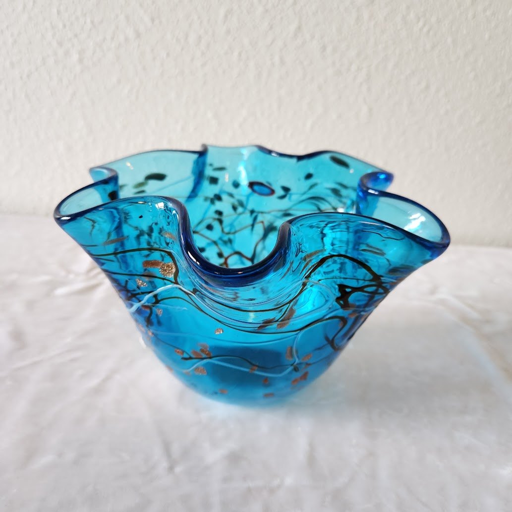 Aqua Blue Blown Glass Handkerchief Bowl