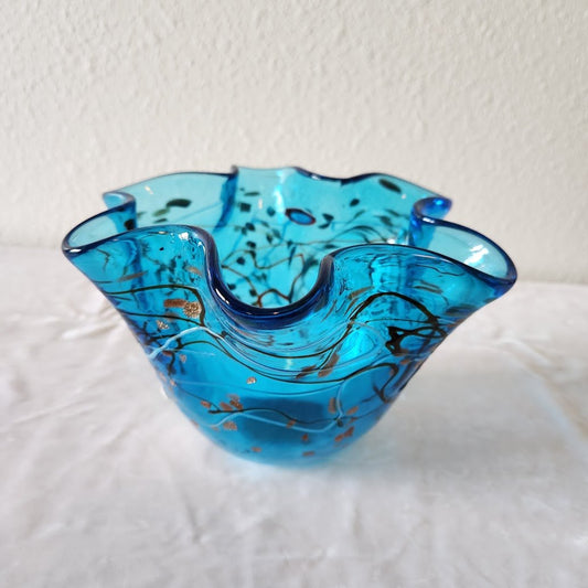 Aqua Blue Blown Glass Handkerchief Bowl