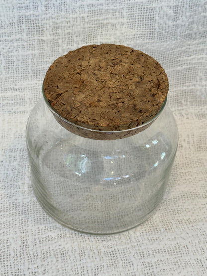 1970's clear glass apothecary jar w/ cork lid 