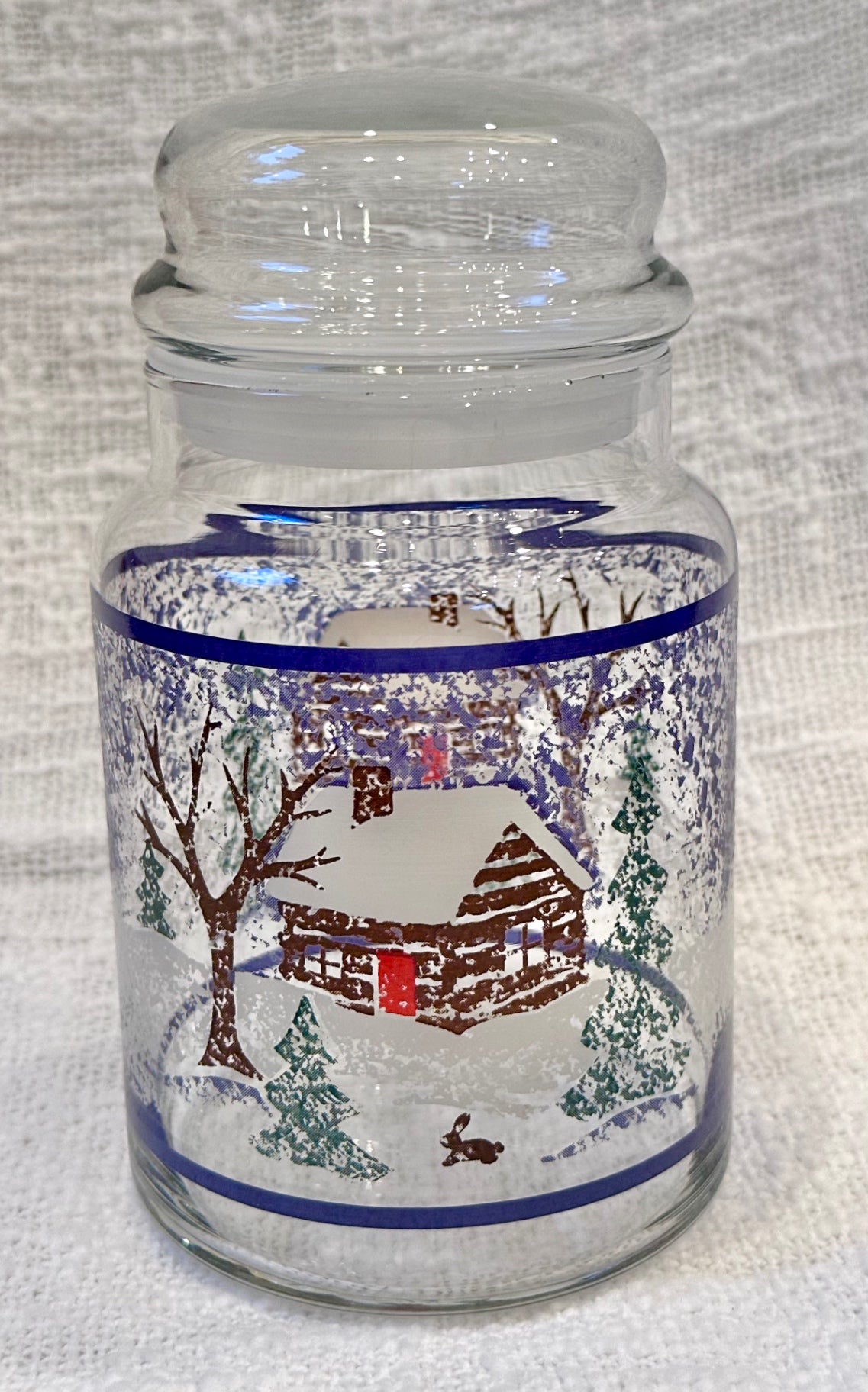 Vintage KIG winter snow with log cabin * bunny jar