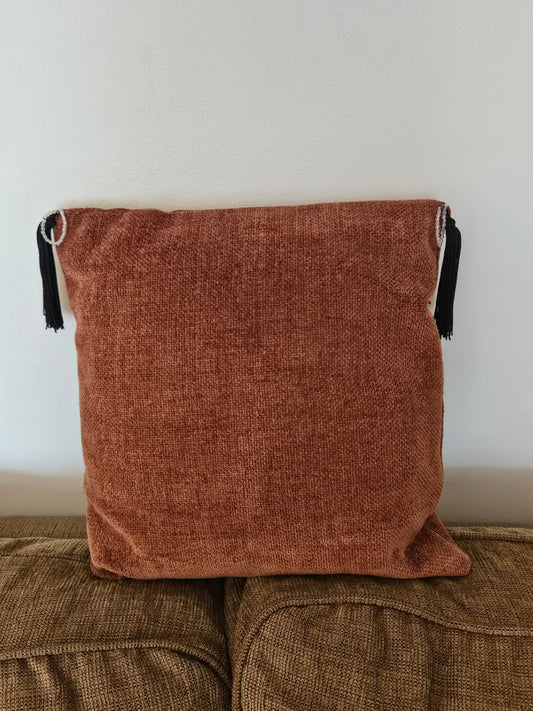 Orange corduroy pillow w/tassels & beads 12x12 approx