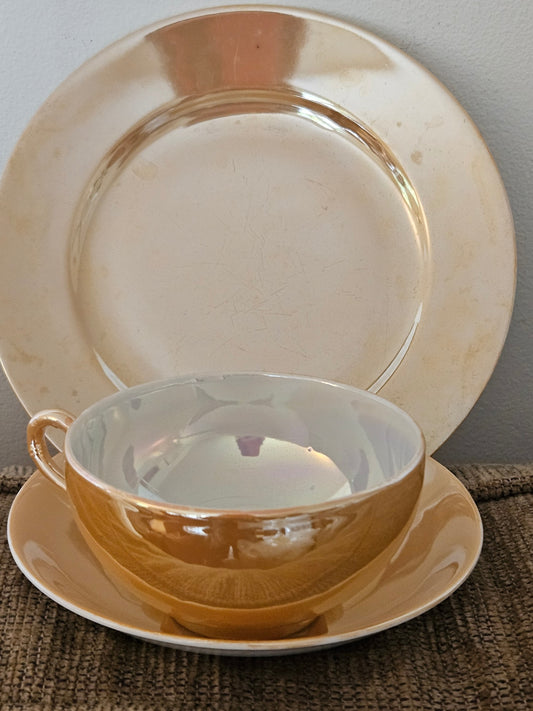 Vintage Peach Lustreware dishes. Set of 30 pieces 10/ea cup, saucer, dessert plate