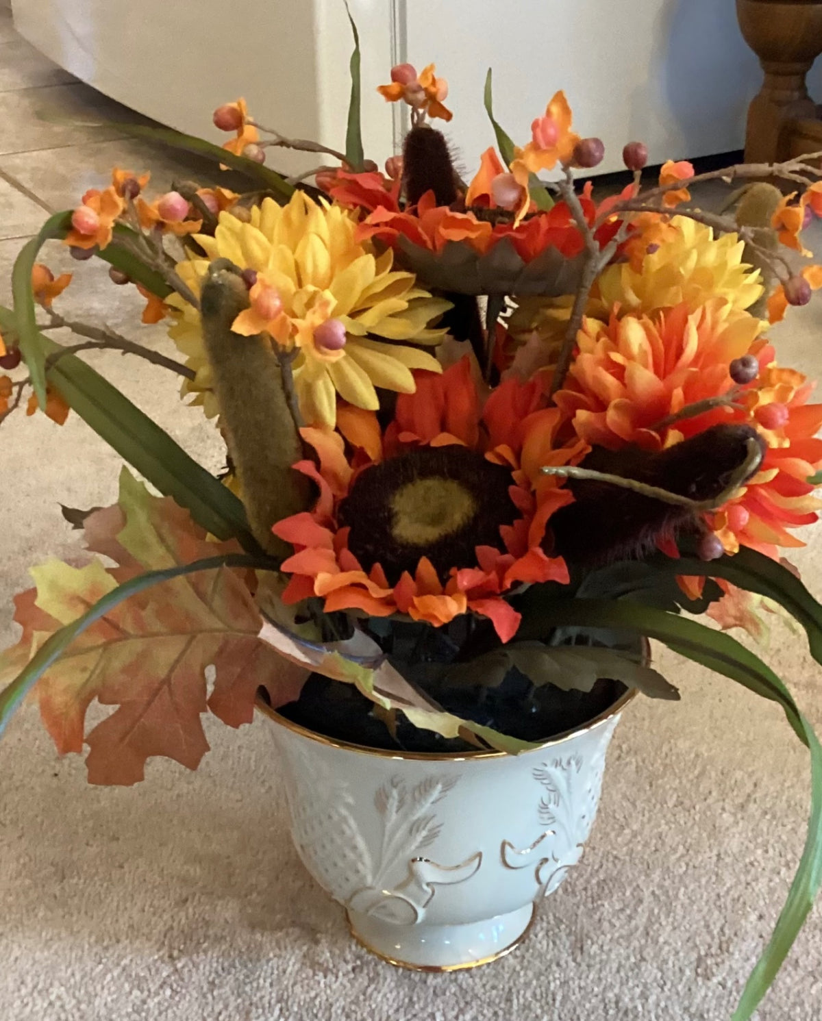 Lenox vase with 24 K, gold rim  and fall flowers