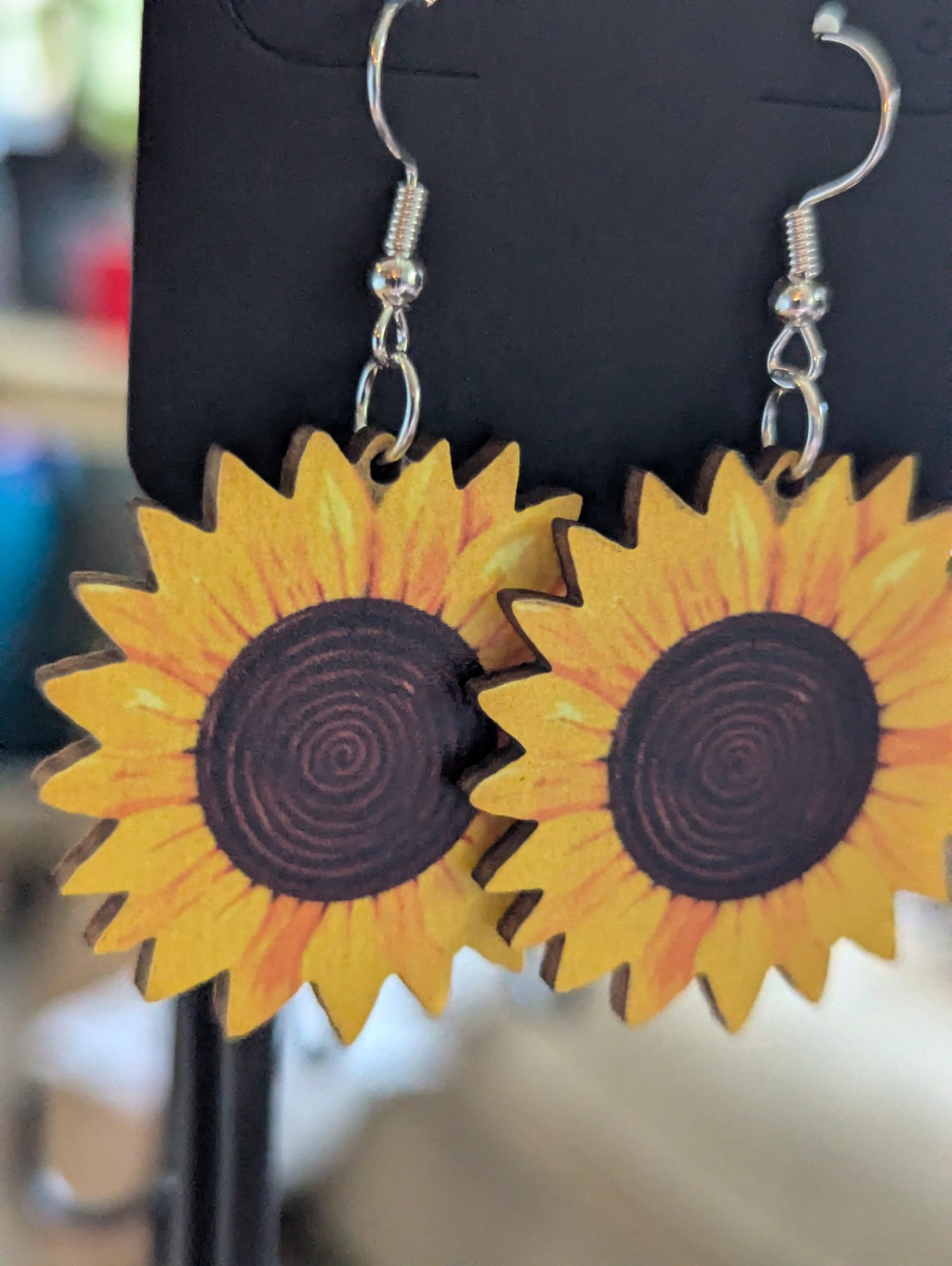 Sunflower wooden earrings large 