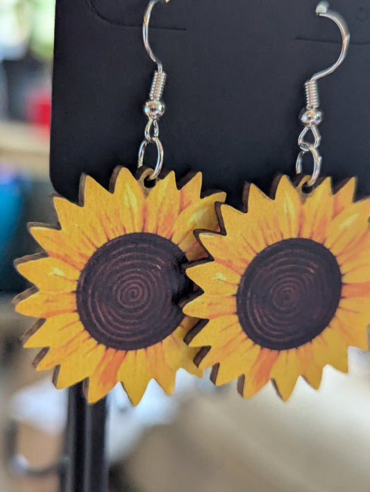 Sunflower wooden earrings large 