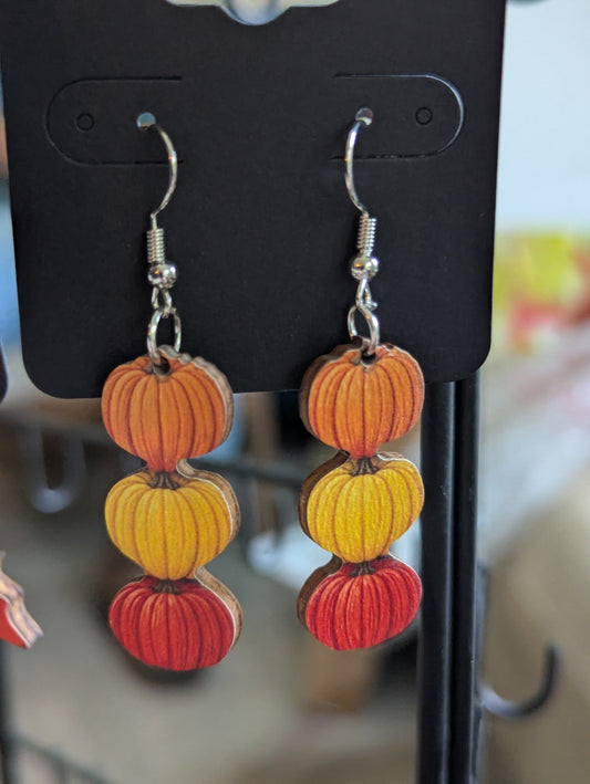 Stacked pumpkins wooden earrings large 