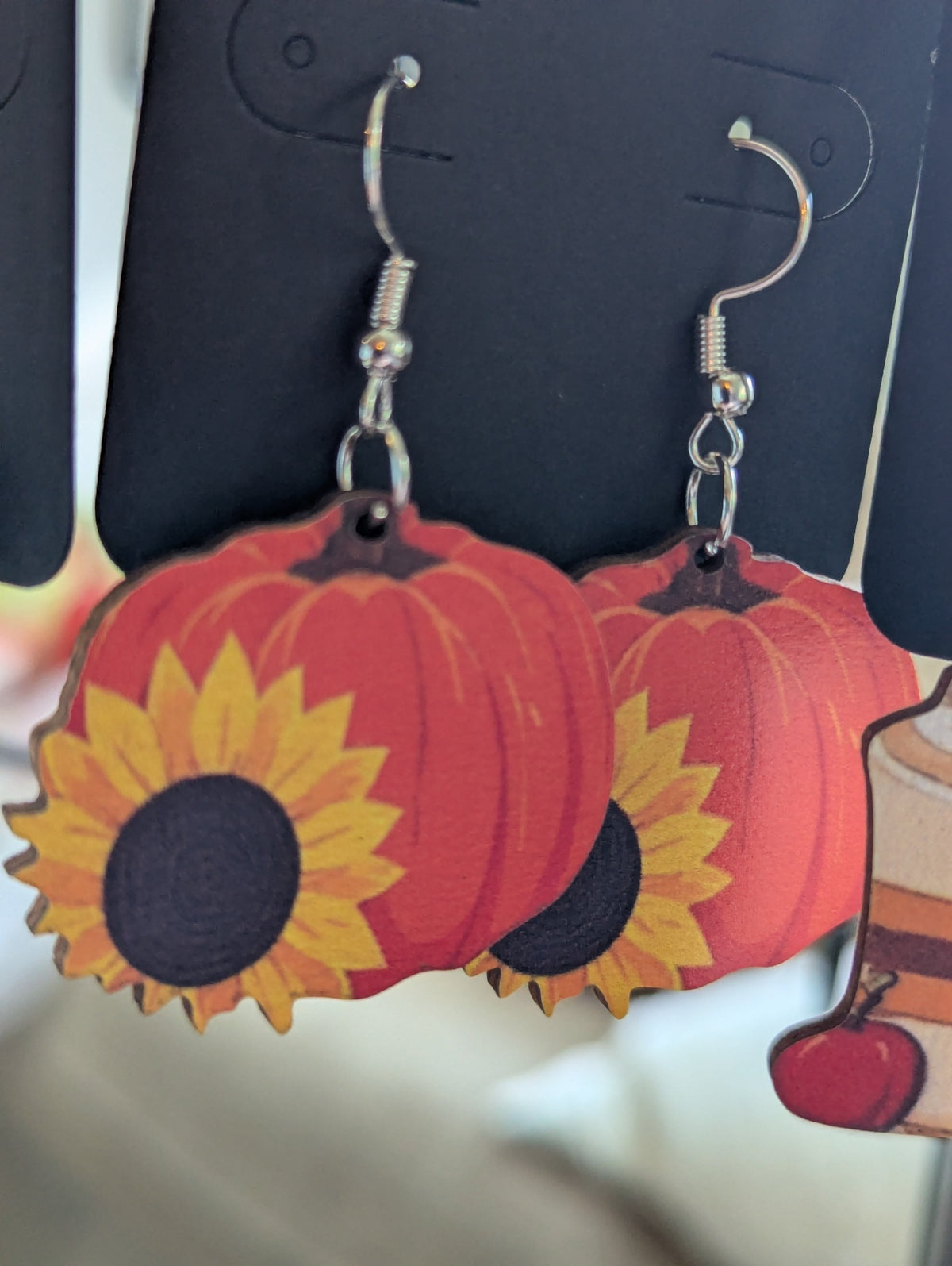 Pumpkin with sunflower wooden earrings large 