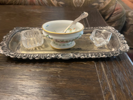 Collection of three salts, salt spoon on vintage silver tray