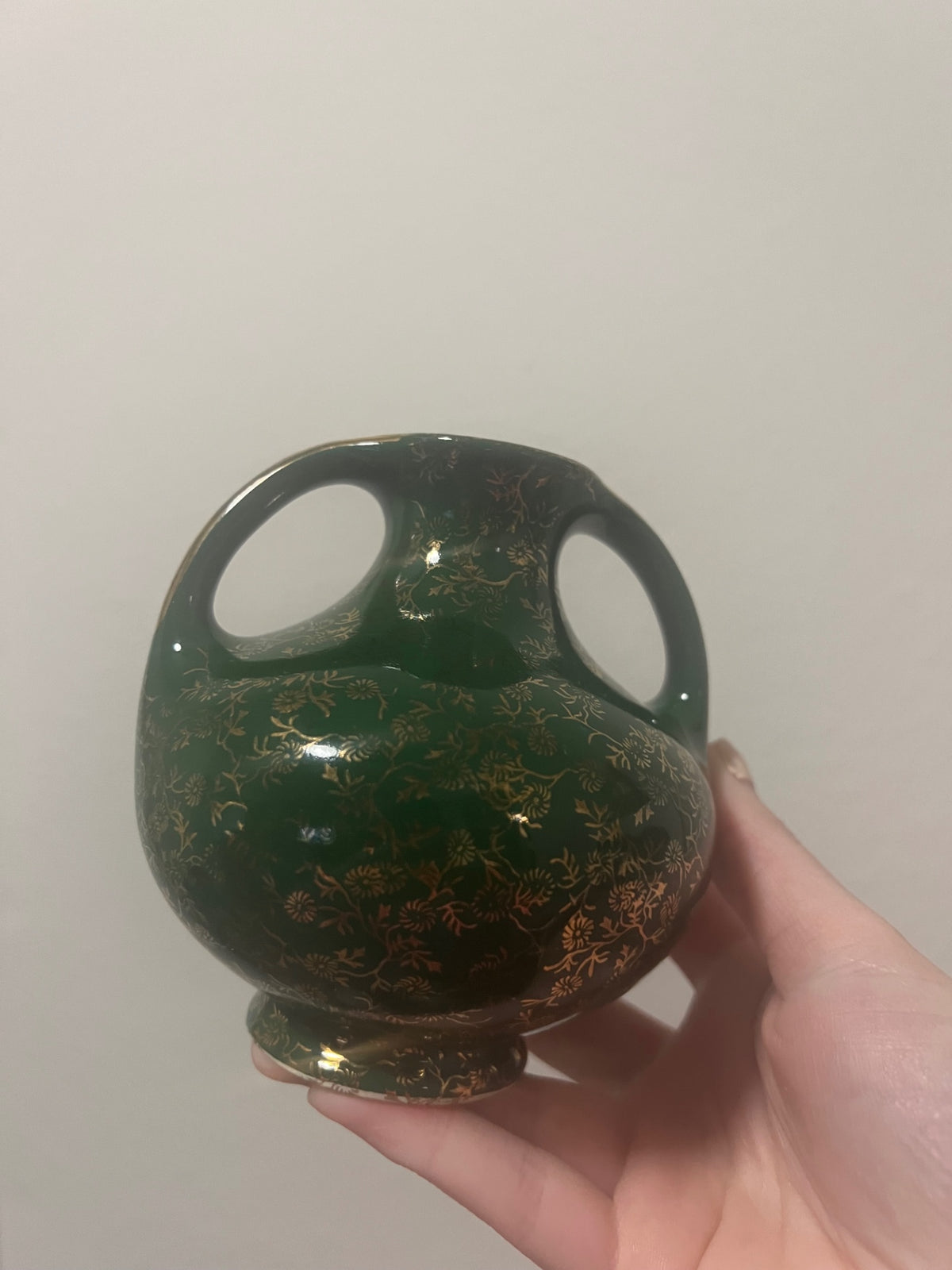 Vintage Pearl China Co. Green and Gold Floral Vase