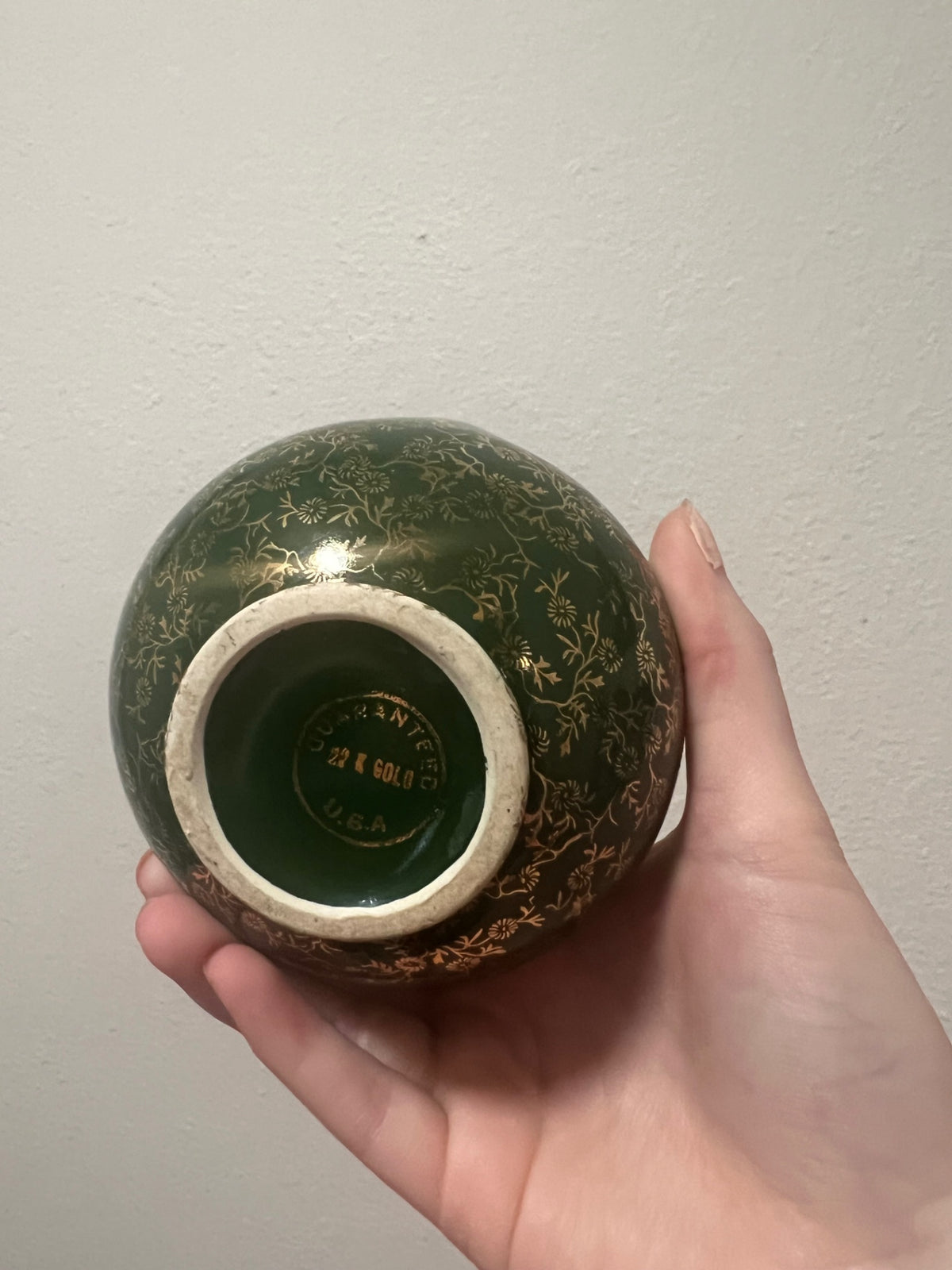 Vintage Pearl China Co. Green and Gold Floral Vase