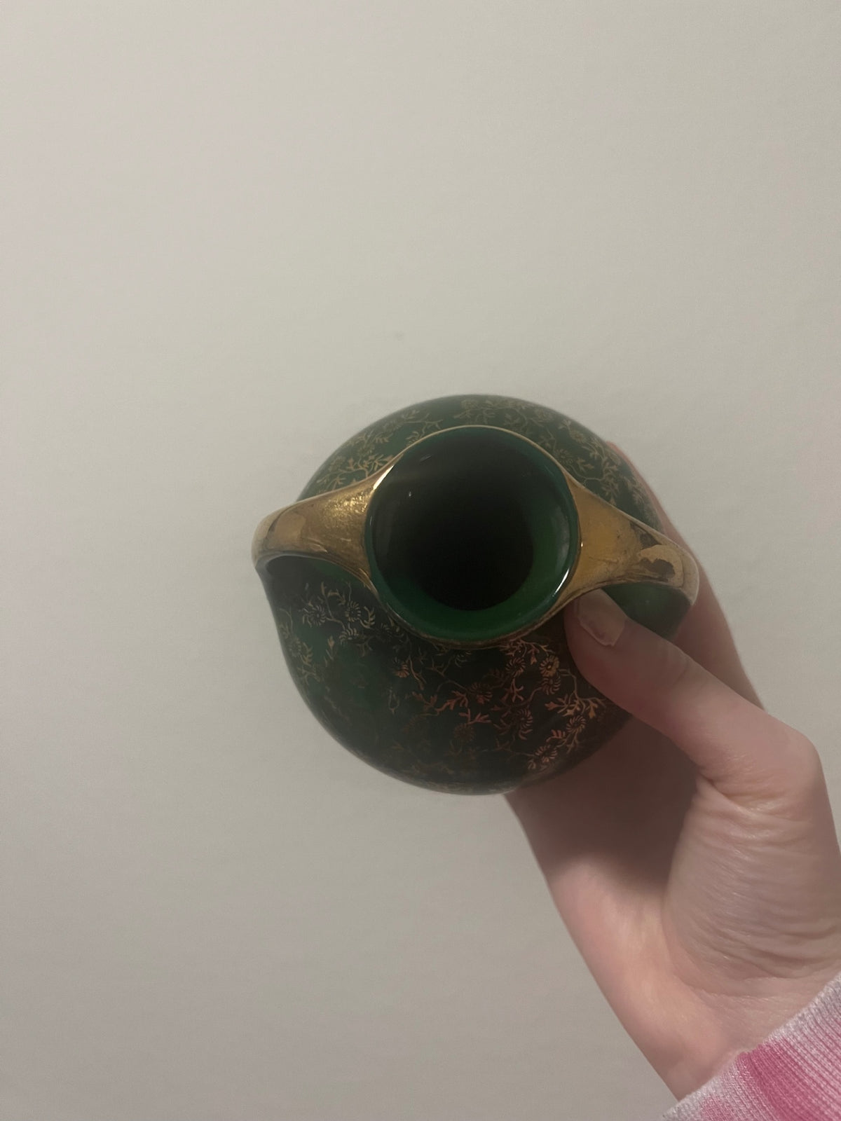 Vintage Pearl China Co. Green and Gold Floral Vase