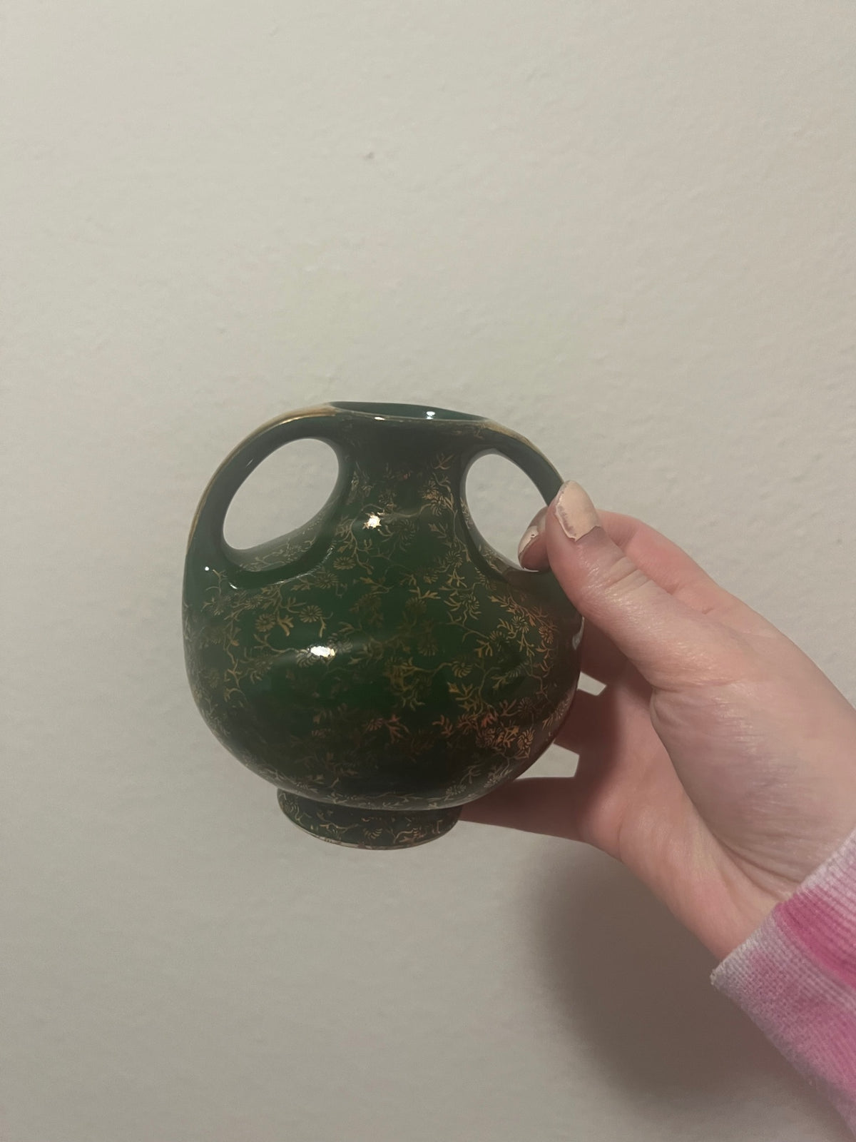 Vintage Pearl China Co. Green and Gold Floral Vase